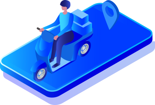 Delivery service concept, delivery man riding motorbike to delivery stuffs for customer with gps navigation on mobile location on png background 