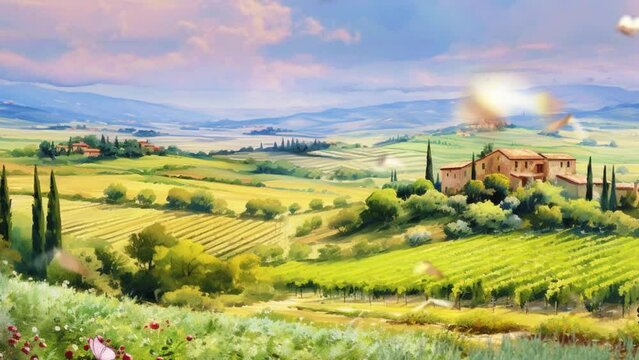 Animated 4k video of a vineyard in the shape of an amphitheater in watercolor style. 