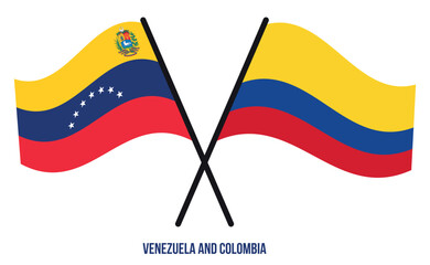 Venezuela and Colombia Flags Crossed And Waving Flat Style. Official Proportion. Correct Colors.