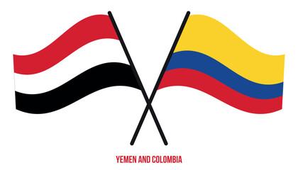 Yemen and Colombia Flags Crossed And Waving Flat Style. Official Proportion. Correct Colors.