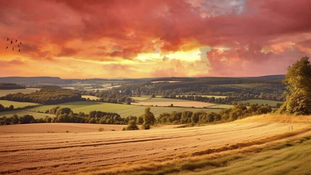 Fields of Wheat in Rural Midwestern Farm at Sunset.