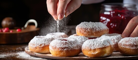 Female makes homemade jam filled donuts cooking Jewish Hanukkah treats sprinkling powdered sugar on Berliners With copyspace for text - obrazy, fototapety, plakaty