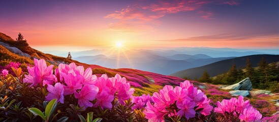 Summer mountain with enchanting pink rhododendron blooms - obrazy, fototapety, plakaty