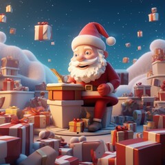 3D Cartoon Santa Claus Surrounded by Gift Boxes and Magic Lights,ai generated