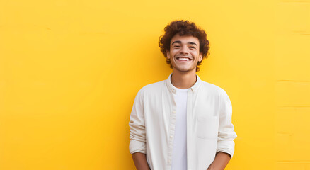 young smiling young man standing on yellow background - obrazy, fototapety, plakaty