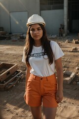 a young woman at construction place with an helmet 