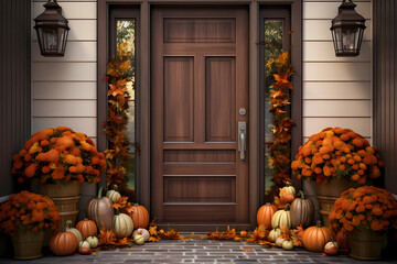front doors wreaths pumpkin - obrazy, fototapety, plakaty