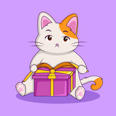 Cute Cat Opening A Present Illustration