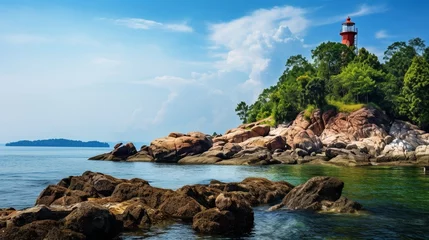 Tuinposter Generative AI : The island where the lighthouse is located There is an unusual rock formation with colorful round stones of various sizes filling the beach below. Lanta lighthouse is popular landmark  © The Little Hut