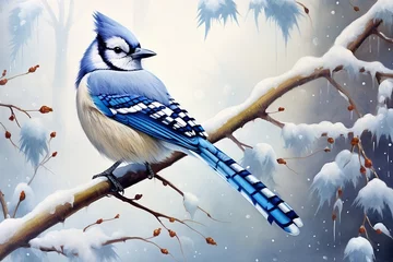 Foto op Plexiglas Generative AI : Blue Jay Sitting in a Tree Branch in a Winter Snow Fall © The Little Hut