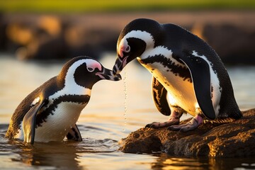 Fototapeta premium Generative AI : Landscape photo of an african penguin cleaning another penguin's feather with his beak. Shot in Stony Point Nature Reserve