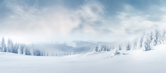Scenic ultrawide backdrop illustrating the peaceful sight of light snowfall gently falling and settling on the tranquil snowdrifts - obrazy, fototapety, plakaty