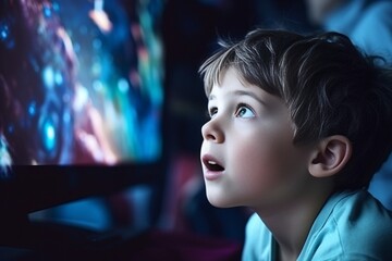 Generative AI : Beautiful brown eyes of 6 year boy looking at screen close-up. Child is watching...