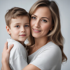 Mujer sonriendo abrazando a su hijo 