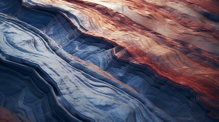 Generative AI : Multicolour rock surface details in blue and red colors. Shaped rock full of curves, layers and smooth cuts by the wind erosion, sea water and sand. Organic texture for background. Bea
