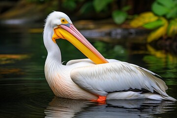 Fototapeta na wymiar Generative AI : Pelican with orange beak swimming in a pond