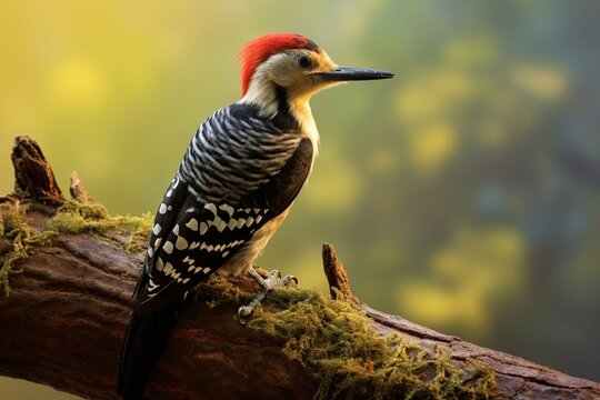 Generative AI : Woodpecker male close-up side view perched on a tree branch with a blur background in its environment and habitat surrounding.