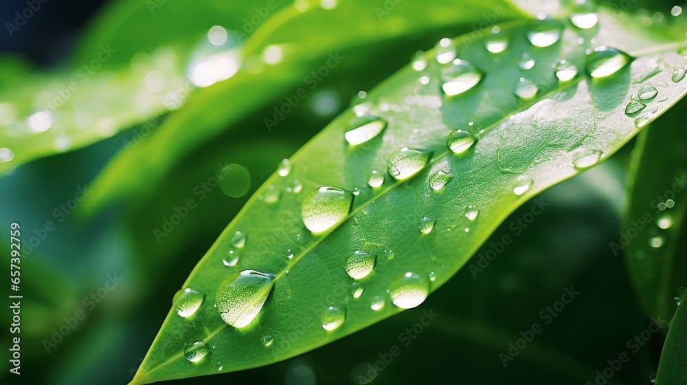 Poster generative ai : large beautiful drops of transparent rain water on a green leaf macro. drops of dew 