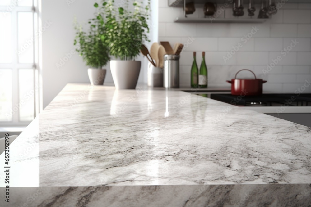 Aufkleber generative ai : close-up marble granite kitchen counter island for product display on modern bright 