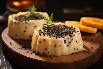 Generative AI : cheese with holes and truffle paste. Delicious balanced food concept. Close up.