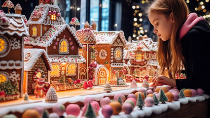 Girl staring at a diorama of sweets