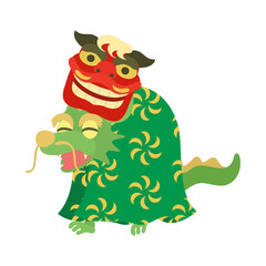 獅子舞の格好をする龍。フラットなベクターイラスト。
A dragon dressed as Shishimai. Flat designed vector illustration.