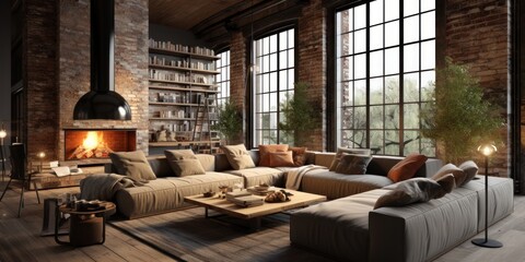 living room loft in industrial style, generative AI