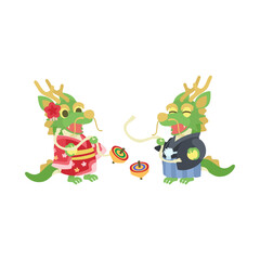 こま回しをする龍。フラットなベクターイラスト。
Dragons spin tops. Flat designed vector illustration.