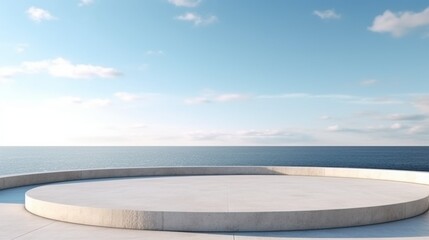 Generative AI : Empty concrete floor and gray wall. 3d rendering of sea view plaza with clear sky...