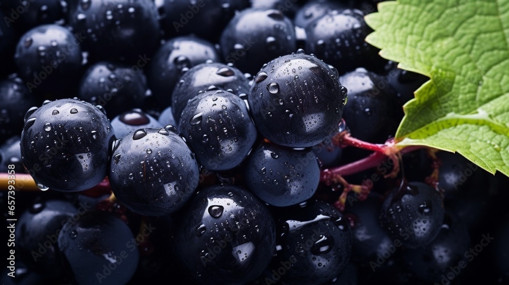 Poster generative ai : close-up of berries of dark bunch of grape with water drops. sot focus