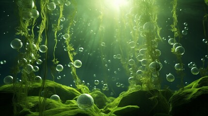 Generative AI : green seaweed ulva lactuca algae swing underwater with bubbles. - obrazy, fototapety, plakaty