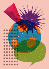 Risograph football ball with Speech Bubble and geometric shapes. Sport object in trendy riso graph design.