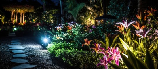Nighttime close up photo of an LED lit garden