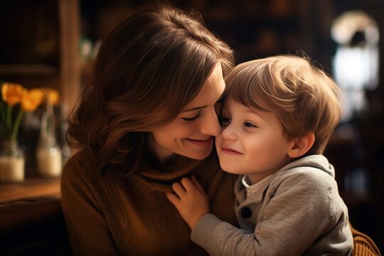 Generative AI : Son is kissing his mother. Mom and son. Happy mother's day! Mother hugging her child. Shot of an adorable little boy affectionately kissing his mother at home