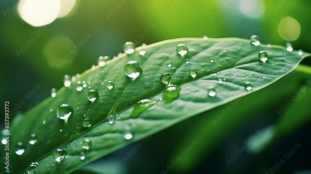 Aufkleber generative ai : large beautiful drops of transparent rain water on a green leaf macro. drops of dew 