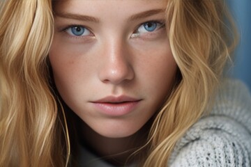 Naklejka premium Generative AI : Freckles blonde woman portrait. close-up, blue eyed girl, perfect skin