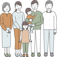 祖父、祖母、父、母、子供2人の三世帯家族