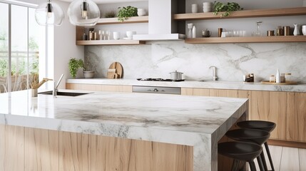 Generative AI : Close-up Marble granite kitchen counter island for product display on modern bright and clean kitchen space. 3d rendering, 3d illustration
