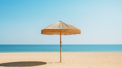 Generative AI : A beach parasol or sunshade, in straw, two beach chairs, isolated on a beach without people on a summer morning. The light blue sky merges with the blue of the water. Summer background
