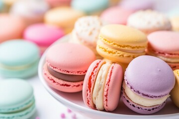 Fototapeta na wymiar Generative AI : Close up colorful macarons dessert with vintage pastel tones