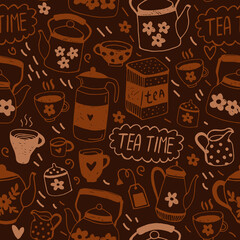 Seamless vector pattern with teapots, tea cups. Dark brown chocolate background, tea party, tea time pattern. Print for wrapping, paper, textile, design for coffee and tea shop.