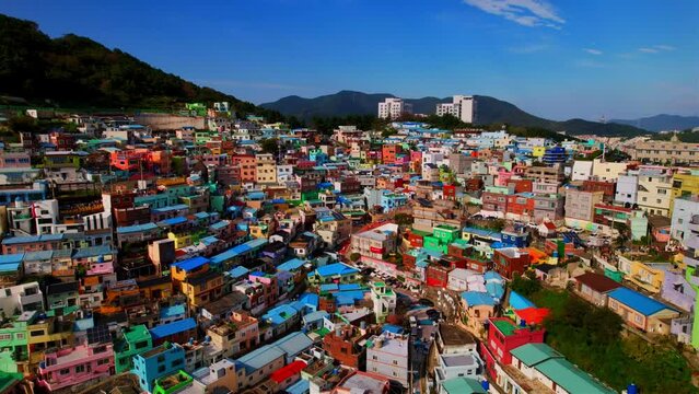 Drone Shot of Colorful Buildings in Gamcheon Village, Busan, South Korea