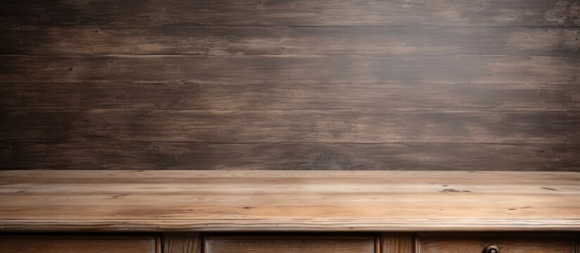 Close up photo of a wooden table with a corner drawer and leg against a wooden furniture background