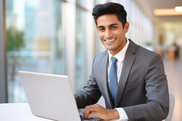 Young Indian businessman working on laptop in office