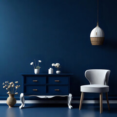 Commode with chairs and decorations in living room interior, dark blue wall mock up background, 3D render