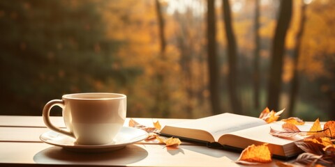 Naklejka na ściany i meble an opened book and white coffee cup on the table, forest view autumn, generative AI