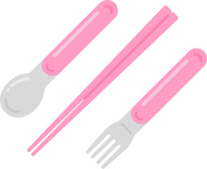 キッズ用の、ピンク色のカラトリーセットのイラスト