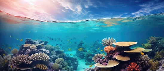 Gardinen Vibrant coral reef with fish in tropical sea bubbly underwater scenery With copyspace for text © 2rogan