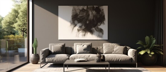 Contemporary artwork adorns a gray lounge with a sofa table and balcony With copyspace for text