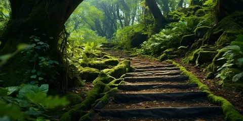 Tuinposter enchanted path through magical forest cinematic 4k © Young